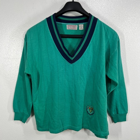 Hunts Point Vintage V-Neck Rugby Sweatshirt Green Crest Preppy Long Sleeve L 90s - Picture 1 of 7